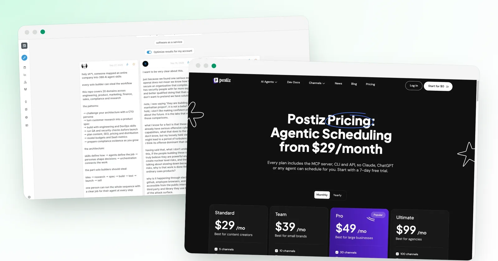 A Tweet Hunter search screen and the Postiz pricing page, two alternatives to superX